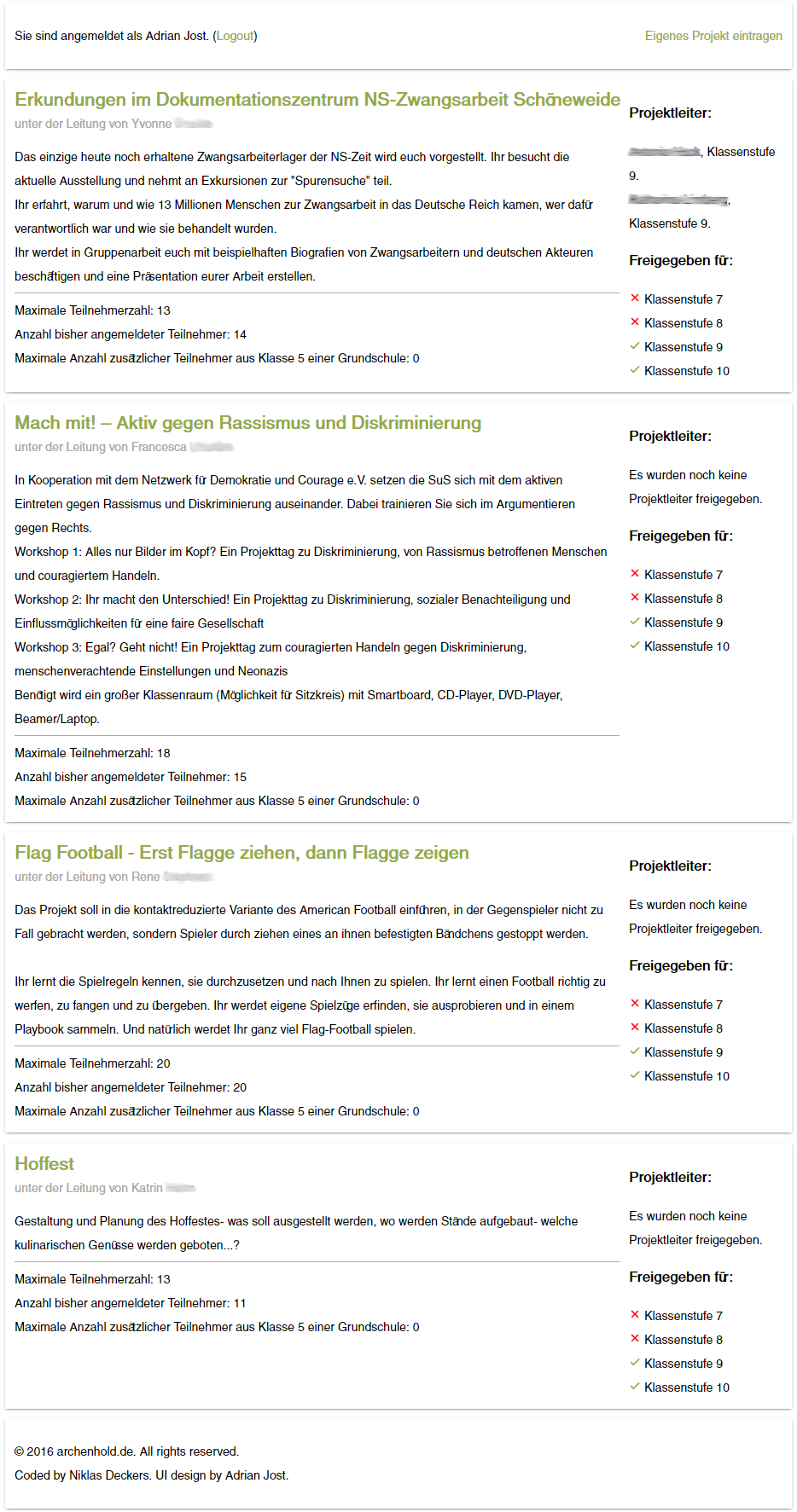 Design von Projektwochen-Management-Website